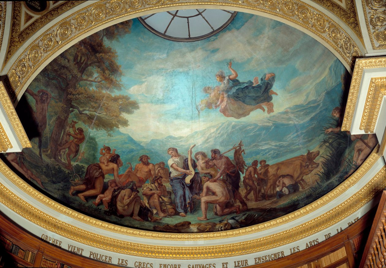 Orphee kommer för att polisera de fortfarande vilda grekerna och lära ut fredens konster Fresco av Eugene Delacroix (1798-1863) dekorerar kupolen på nationalförsamlingens bibliotek (Palais Bourbon) 1843 Paris av Ferdinand Victor Eugene Delacroix