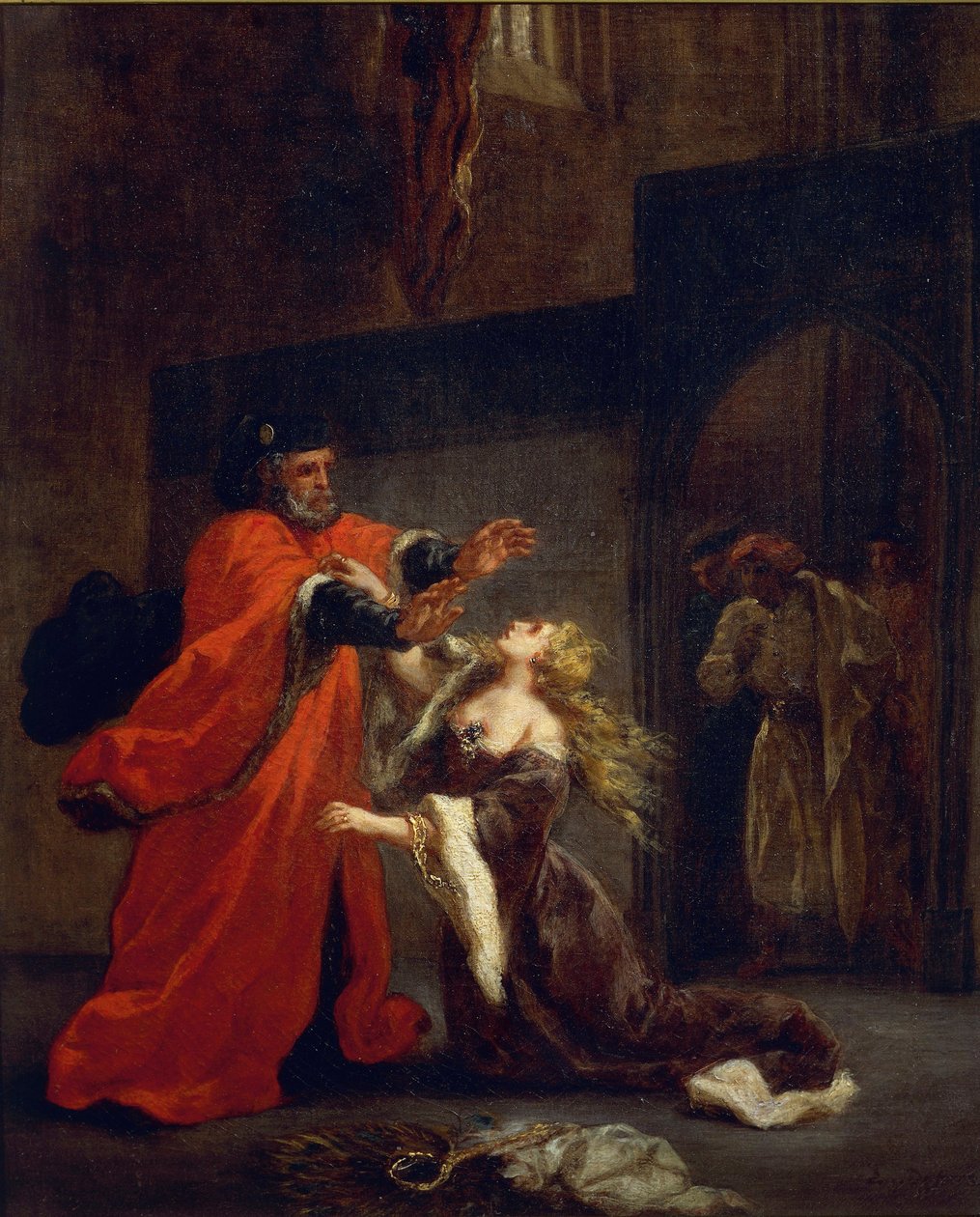 Othello, akt I, scen 3: Desdemona vid hennes fars fötter, 1852 av Ferdinand Victor Eugene Delacroix