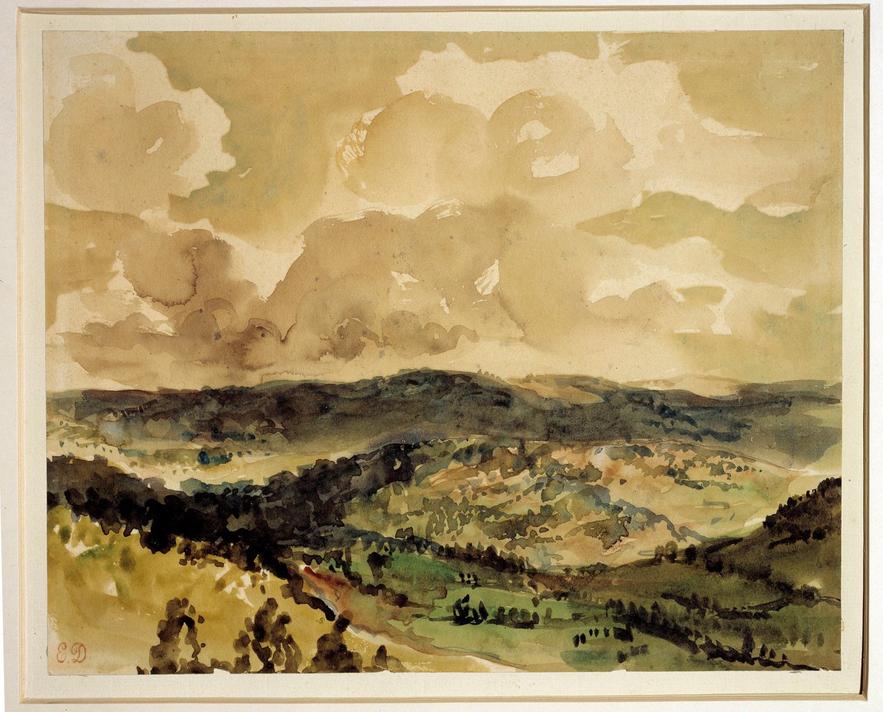 Panoramautsikt över skogsklädda kullar runt Croze Akvarell av Eugene Delacroix (1798-1863) Runt 1855 sön. 0,21 x 0,26 m Paris. Louvren av Ferdinand Victor Eugene Delacroix