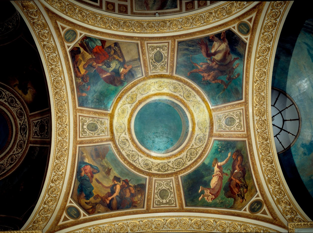 Poesi: Ovidius bland barbarerna, Alexander och Homeres dikter, utbildning av Akilles, den grekiska poeten Hesiode och musan”” Målning av Eugene Delacroix (1798-1863) som dekorerar den femte kupolen på nationalförsamlingens bibliotek, cirka 1846 Palais av Ferdinand Victor Eugene Delacroix