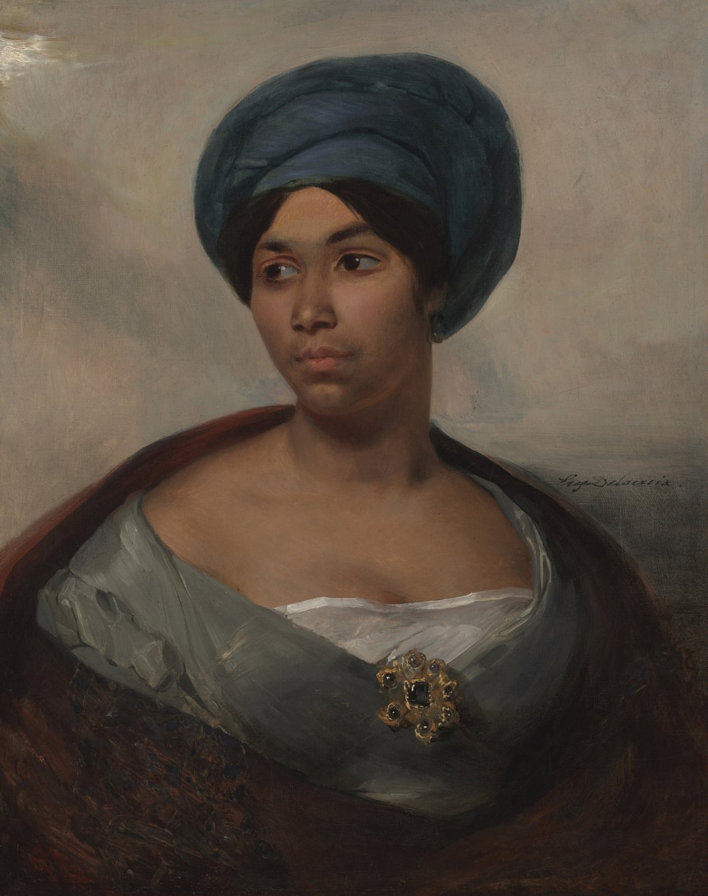 Porträtt av en kvinna i en blå turban, ca 1827 (olja på duk) av Ferdinand Victor Eugene Delacroix