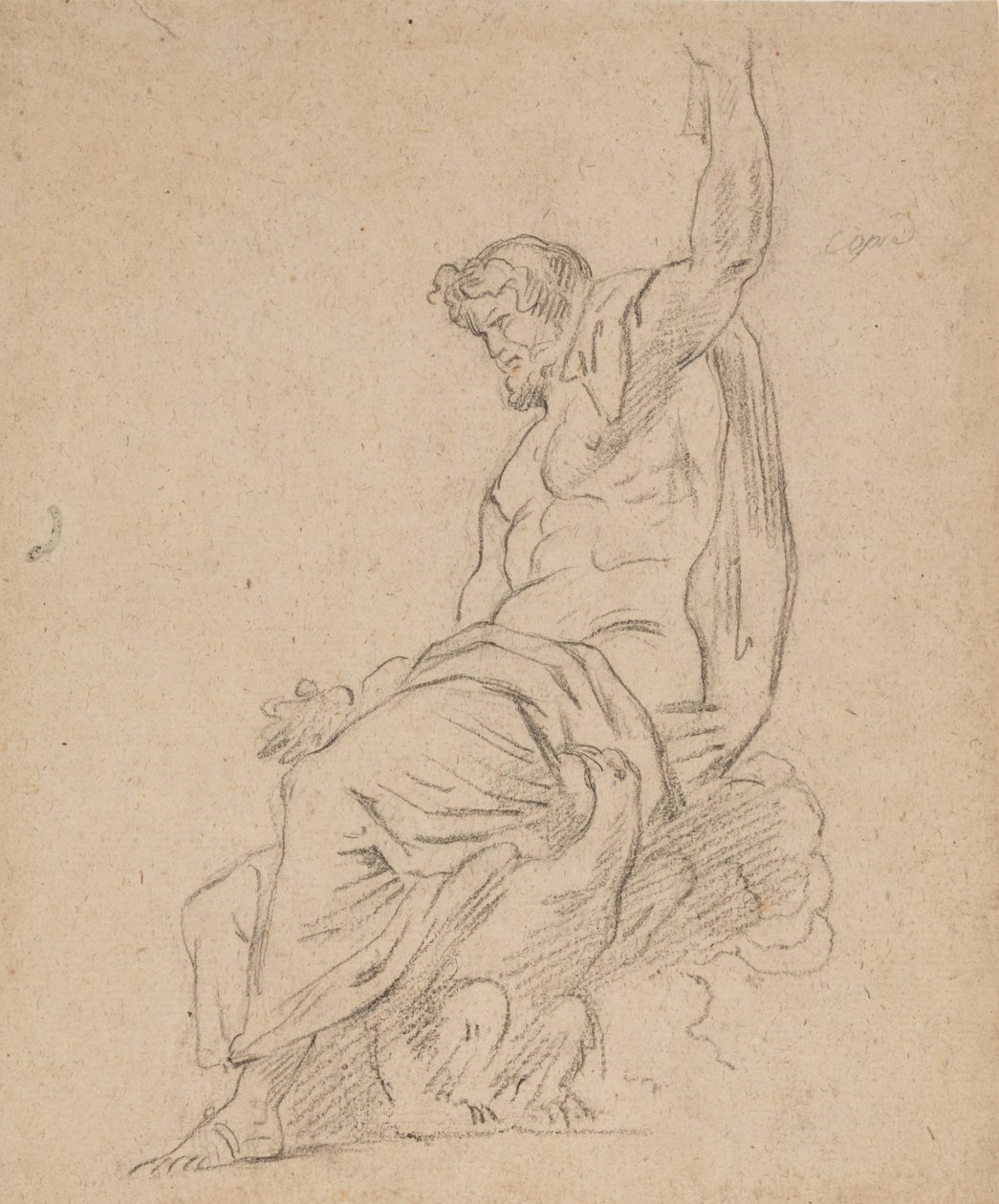 Recto: Sittande figur av en man, möjligen av Jupiter, på en örn, som sträcker sig upp med vänster hand av Ferdinand Victor Eugene Delacroix