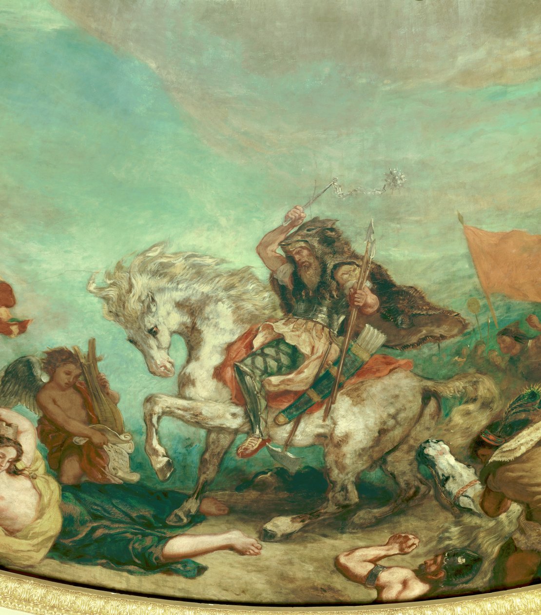 Representation av Attila (395-453) kung av stammen huns Detalj av en fresk av Eugene Delacroix (1798-1863) som dekorerar kupolen på nationalförsamlingens bibliotek (Palais Bourbon) 1843 Paris av Ferdinand Victor Eugene Delacroix