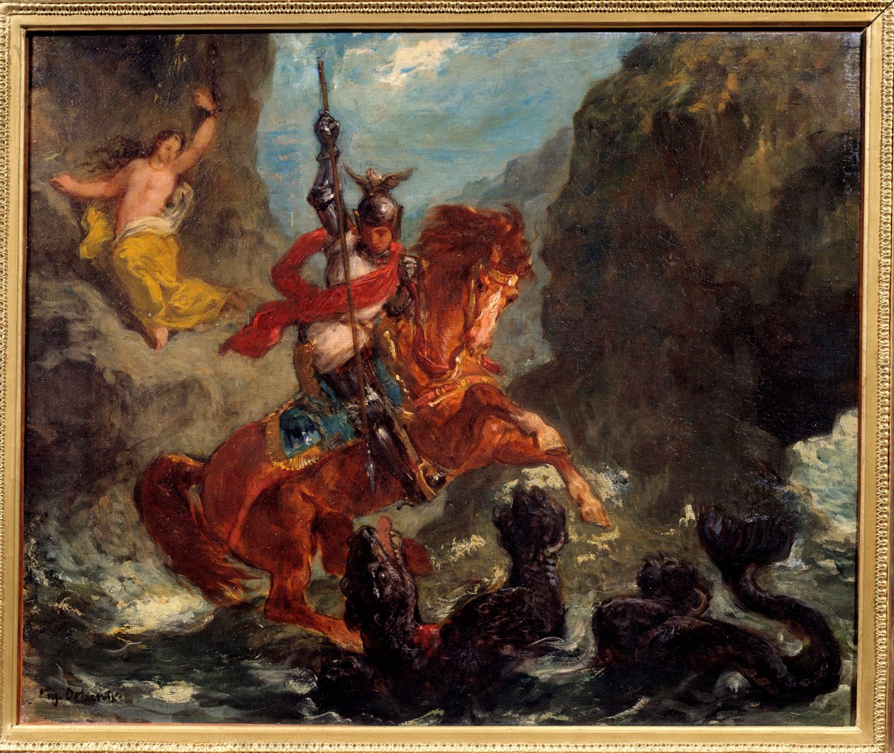 Roger delivrant Angelique (Angelica) levererad till ett monster av pirater befrias av Roger (Ruggero, Ruggiero) rider på en hippogriffe - Illustration till "The Furious Roland"" (Orlando Furioso) av Ludovic Ariosto (Arioste) - Målning av Eugene Delacroix ( av Ferdinand Victor Eugene Delacroix