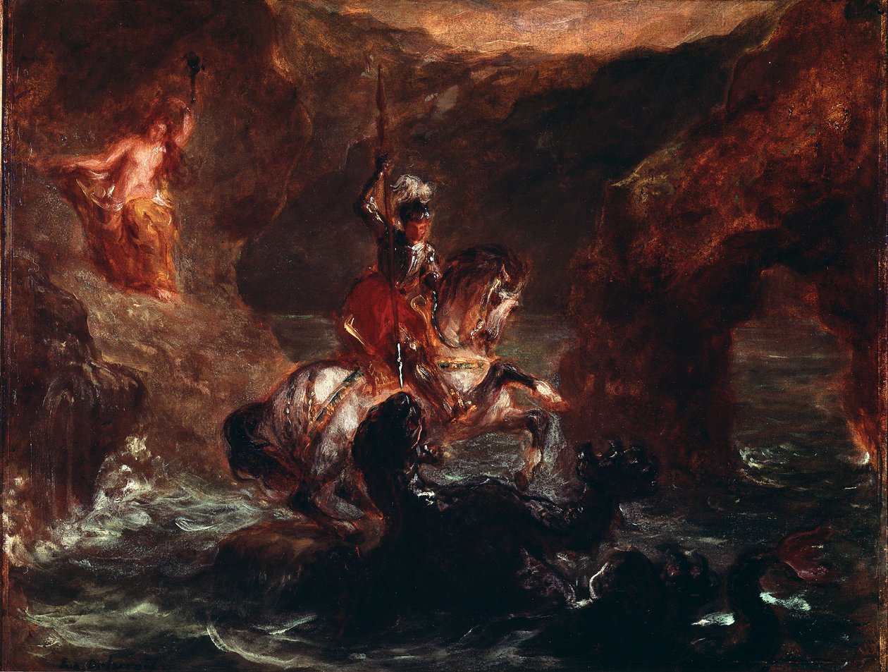 Saint George Killing the Dragon Målning av Eugene Delacroix (1798-1863) 1847 Sön. 28x36 cm Paris, Louvren av Ferdinand Victor Eugene Delacroix