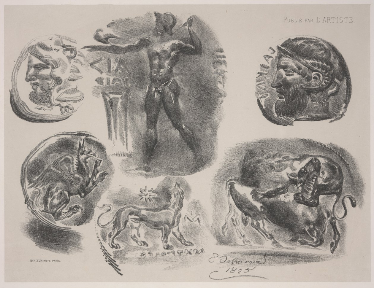 Ark med sex antika medaljer av Ferdinand Victor Eugene Delacroix
