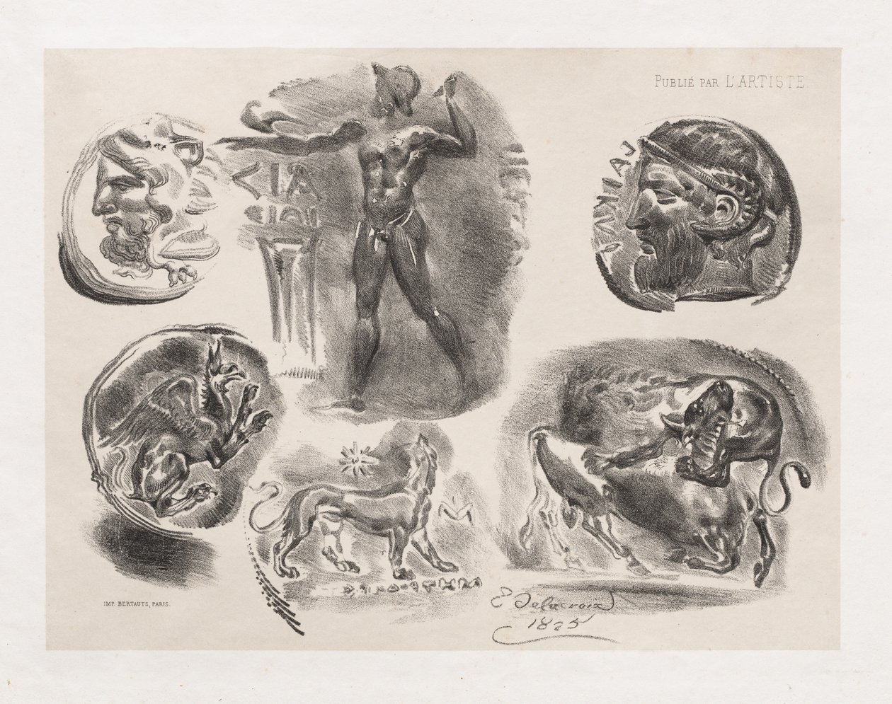 Ark med sex antika mynt, 1825. av Ferdinand Victor Eugene Delacroix