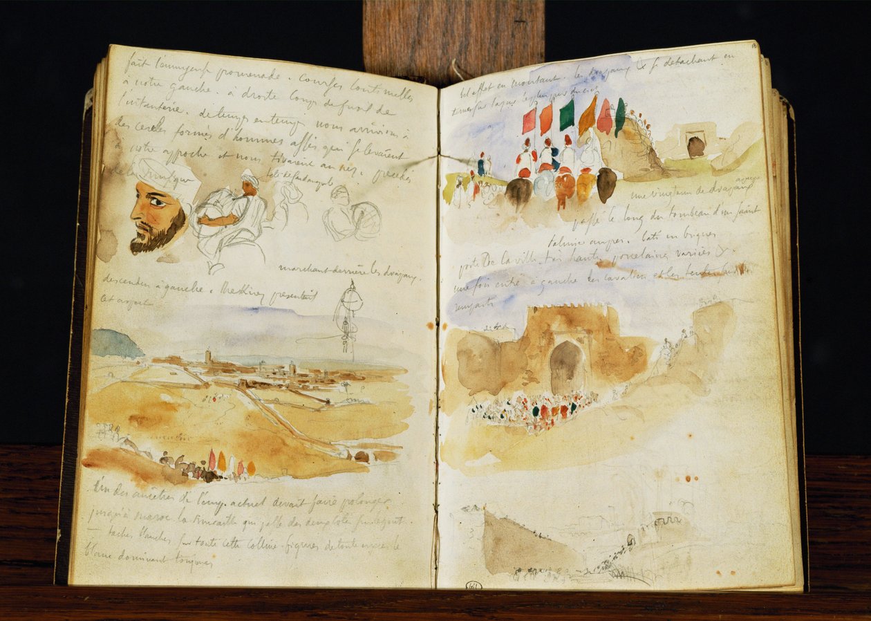 Skisser av araber, landskap i Marocko, arabiska folkmassor, Meknesporten och handskrivna anteckningar ... av Ferdinand Victor Eugene Delacroix