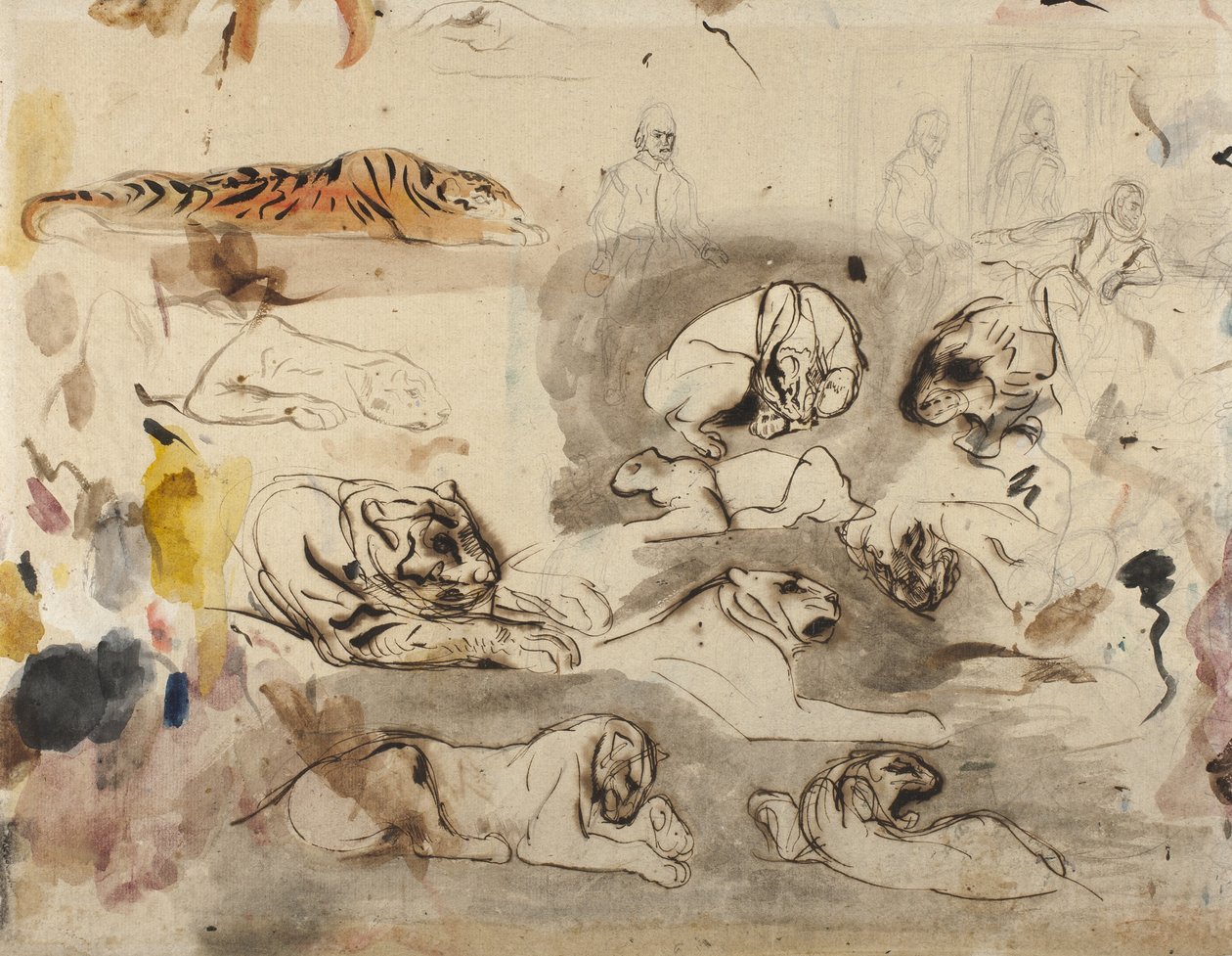 Skisser av tigrar och män i 1500-talsdräkt, 1828-29 av Ferdinand Victor Eugene Delacroix