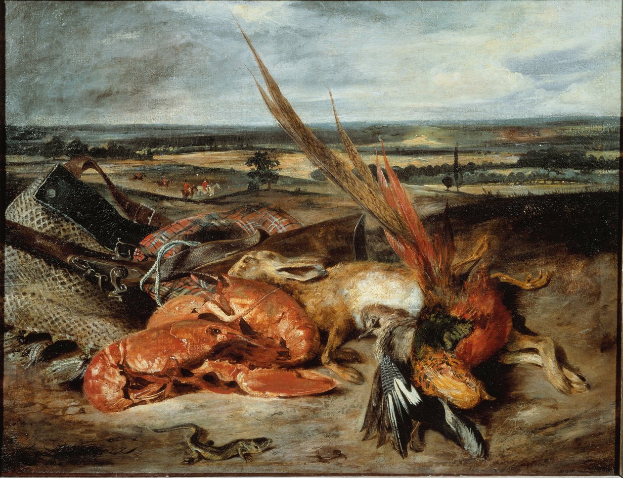 Stilleben med hummer och troféer för jakt och fiske - olja på duk av Ferdinand Victor Eugene Delacroix