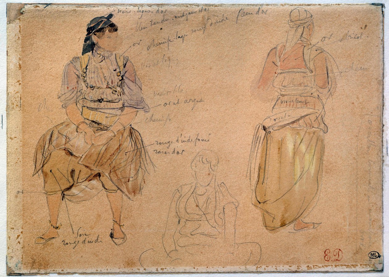 Studier av arabiska kvinnor som ritar en blygruva med akvarellhöjdpunkter av Eugene Delacroix (1798-1863) 1832 Paris, Louvren av Ferdinand Victor Eugene Delacroix