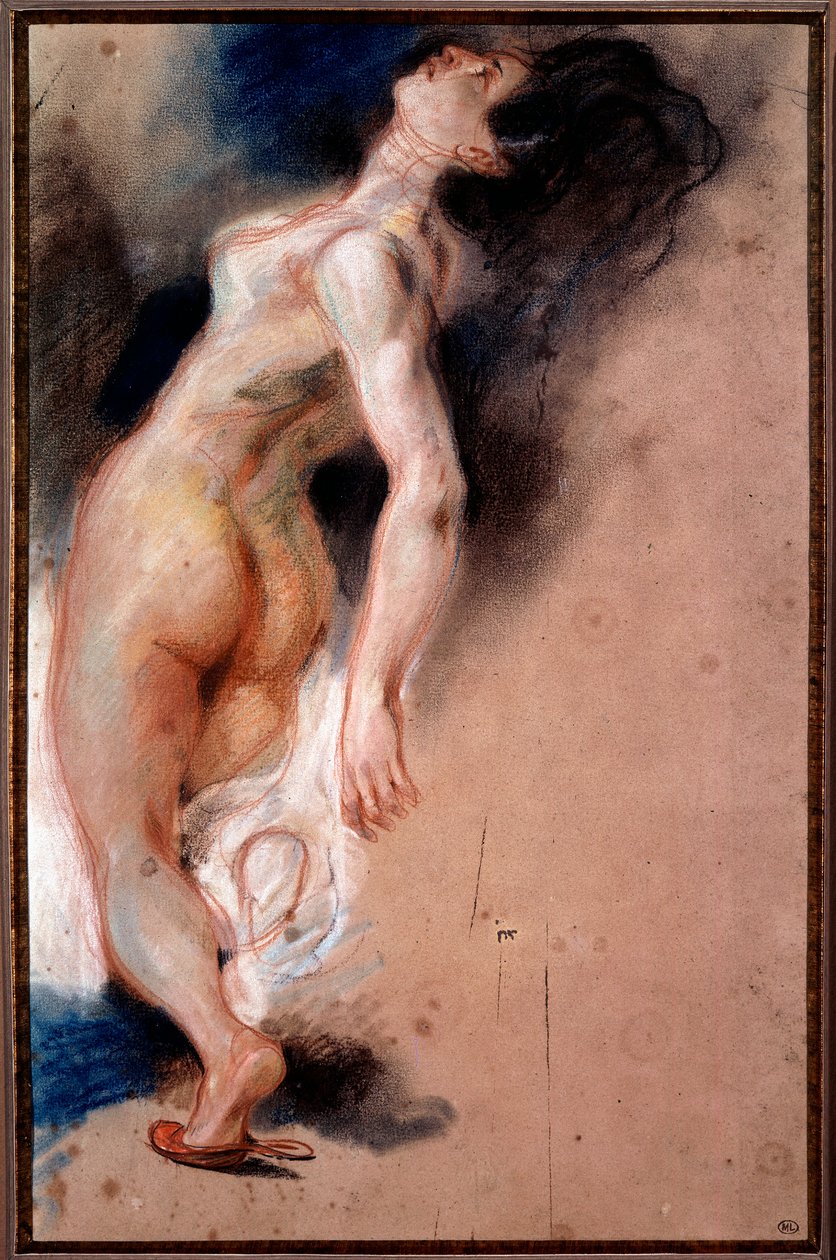 Studie av en naken kvinna vält tillbaka; studie av en slavslav för "The Death of Sardanapale"" av Ferdinand Victor Eugene Delacroix