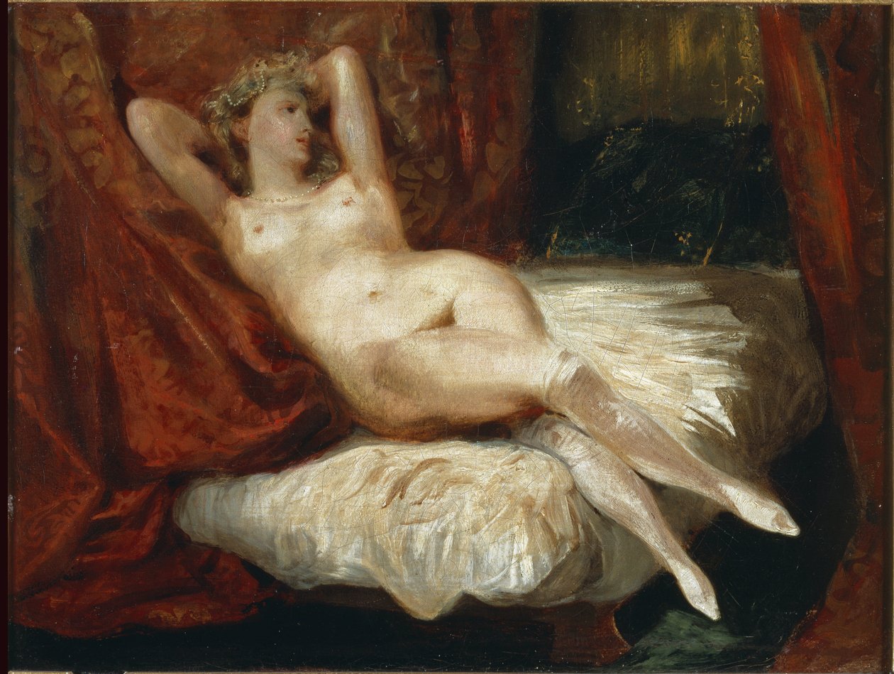Studie av naken kvinna liggande på en soffa sa kvinnan med vita strumpor - olja på duk av Ferdinand Victor Eugene Delacroix