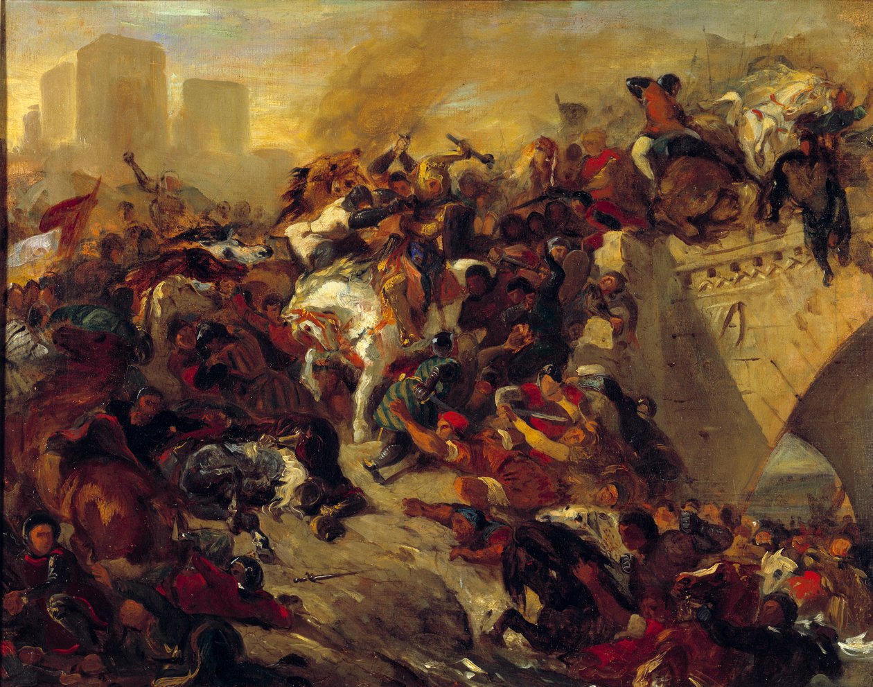 Slaget vid Taillebourg som Saint Louis vann den 21 juli 1242. Taillebourg, en strategisk passage mellan norra Frankrike och söder, vid bron som byggdes över Charente, står emot de kapetianska trupperna från kungen av Frankrike Saint Louis och hans bror t. av Ferdinand Victor Eugene Delacroix