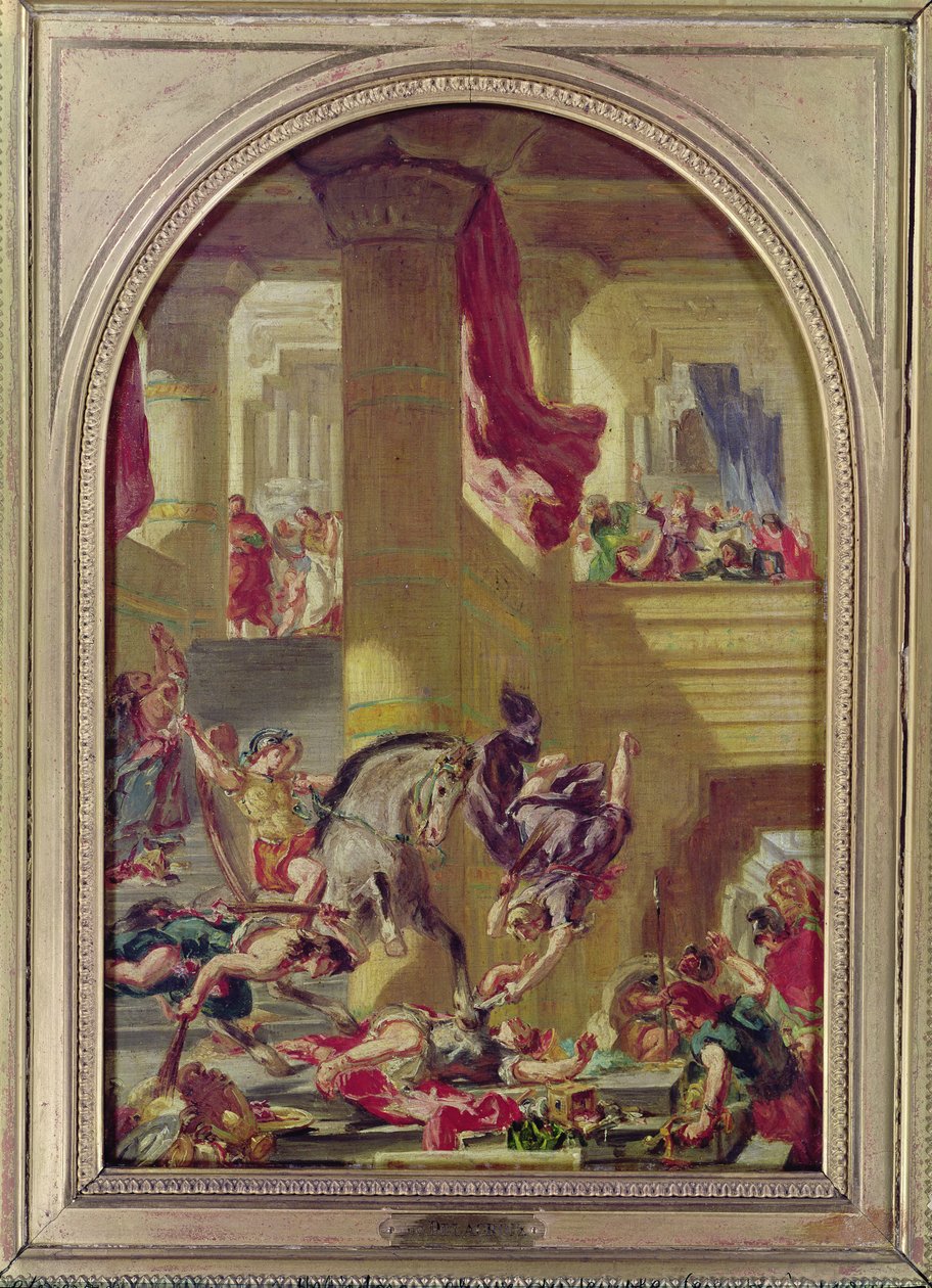 Uddrivelsen af Heliodorus fra templet, ca. 1857 swed av Ferdinand Victor Eugene Delacroix