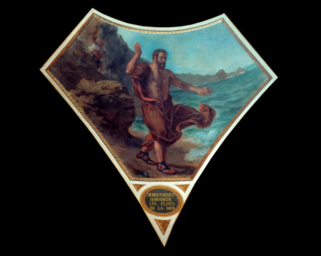 Den grekiske politiska talaren Demosthene anlagde havets vågor för att härda sig till tumultet och rörelsen i folkförsamlingarna i Aten Fresco av Eugene Delacroix (1798-1863) som dekorerade kupolen på nationalförsamlingens bibliotek (P av Ferdinand Victor Eugene Delacroix