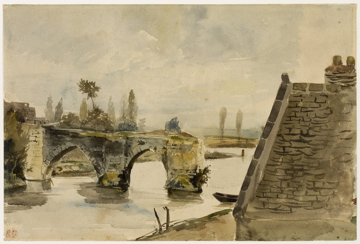 Gamla bron vid Nantes, ca 1827 (akvarell på cremefärgat vävpapper) av Ferdinand Victor Eugene Delacroix