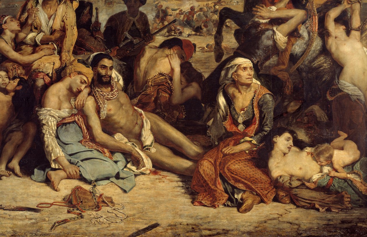 Scio-massakrerna. Scen som skildrar det grekiska självständighetskriget mot ottomanerna: grekiska civila som väntar på död eller slaveri. Detalj. Målning av Eugene Delacroix (1798-1863) av Ferdinand Victor Eugene Delacroix