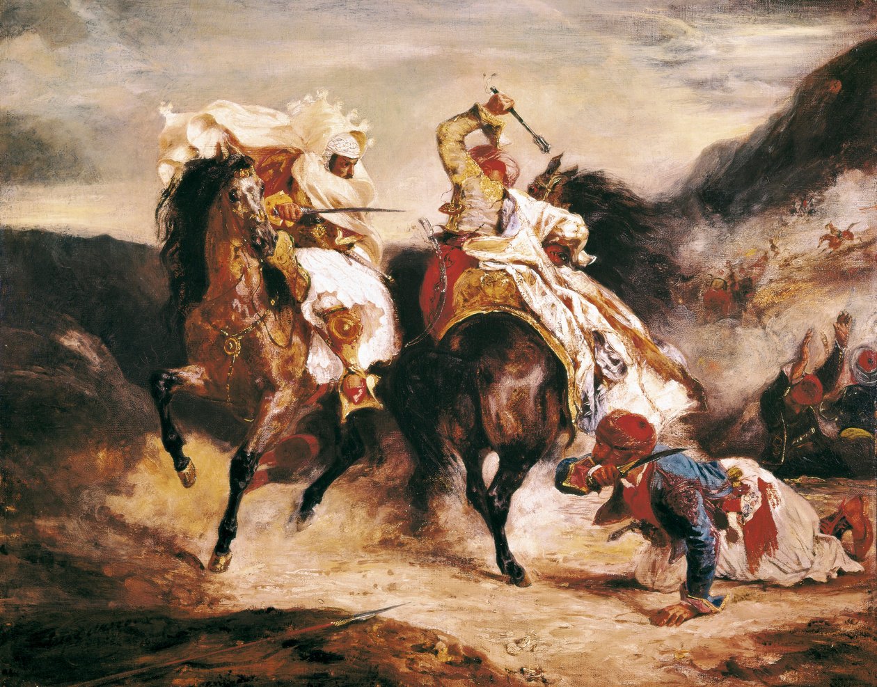 Kampen mellan Giaour och Pasha. Inspirera från Lord Byrons dikt "" Le Giaour ". Orientalism målning av Eugene Delacroix (1798-1863) av Ferdinand Victor Eugene Delacroix