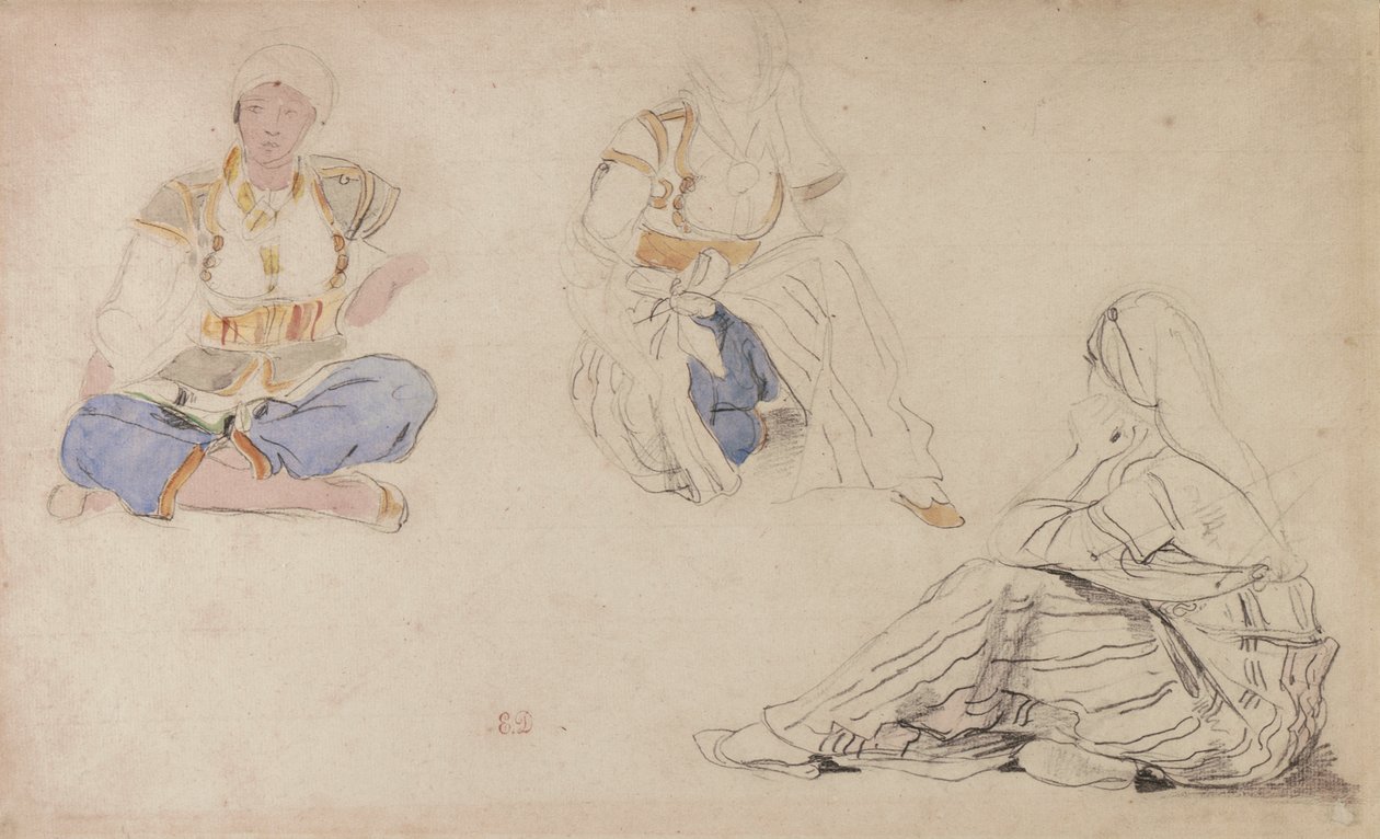 Tre studier av en sittande marockansk flicka (svart bly & akvarell på papper) av Ferdinand Victor Eugene Delacroix