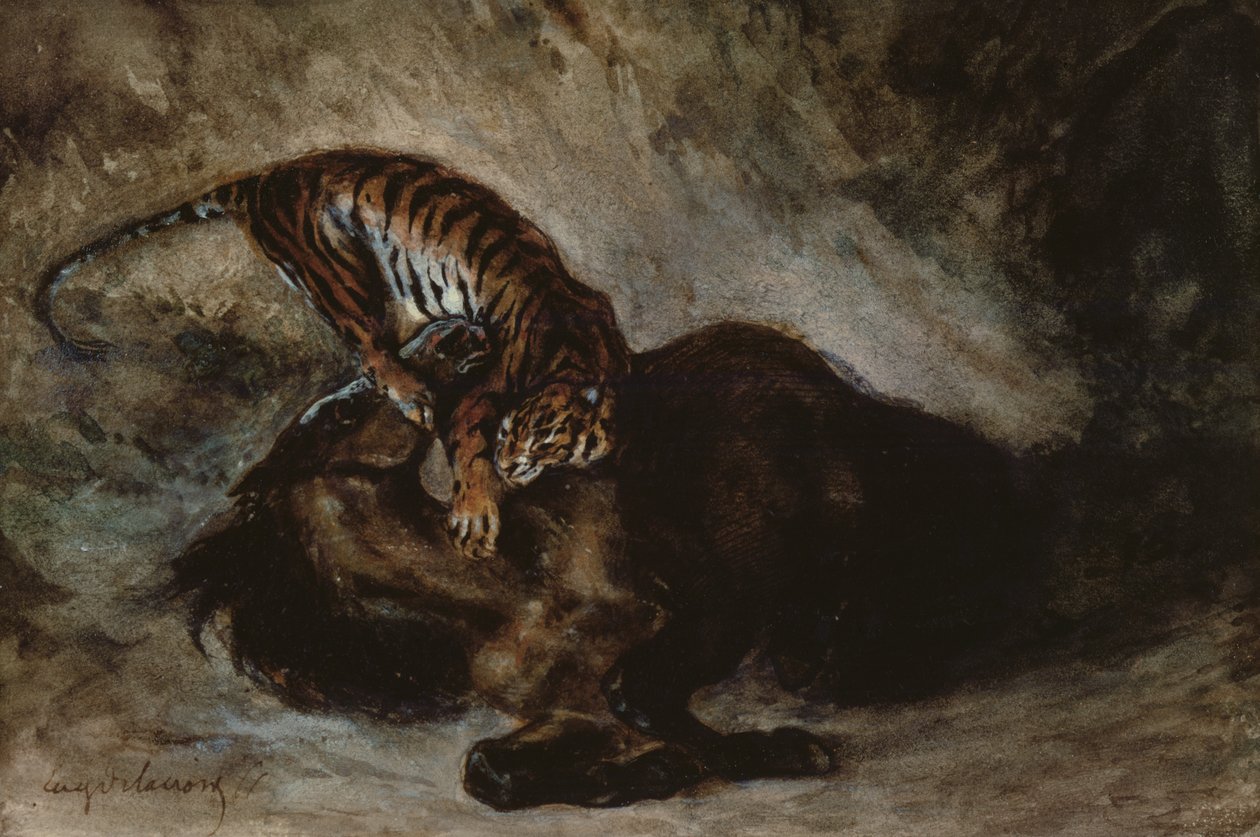 Tiger attackerar en häst (wc på papper) av Ferdinand Victor Eugene Delacroix