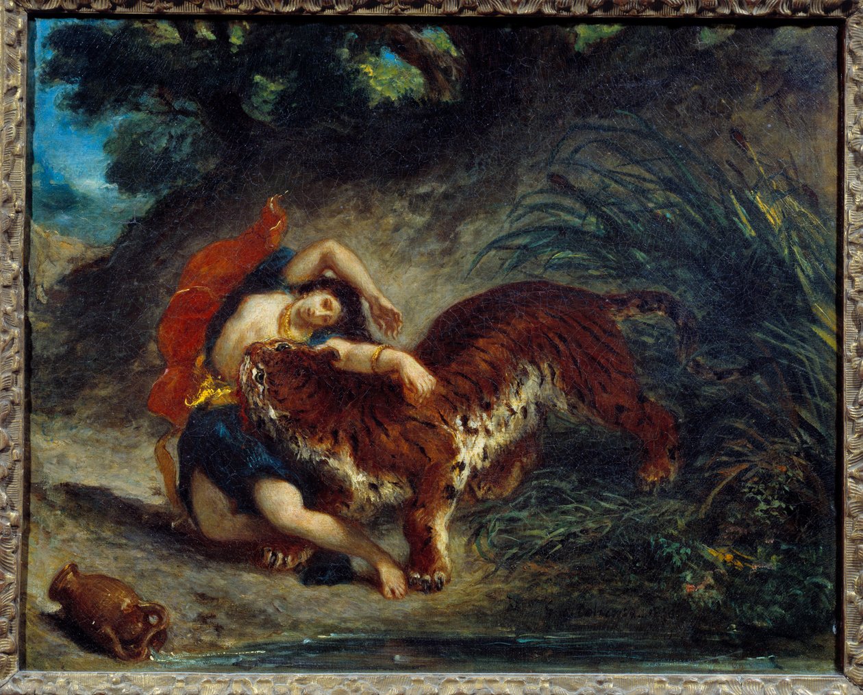 Ung kvinna förs bort av en tiger eller indier biten av en tiger. Målning av Eugene Delacroix (1798-1863) av Ferdinand Victor Eugene Delacroix