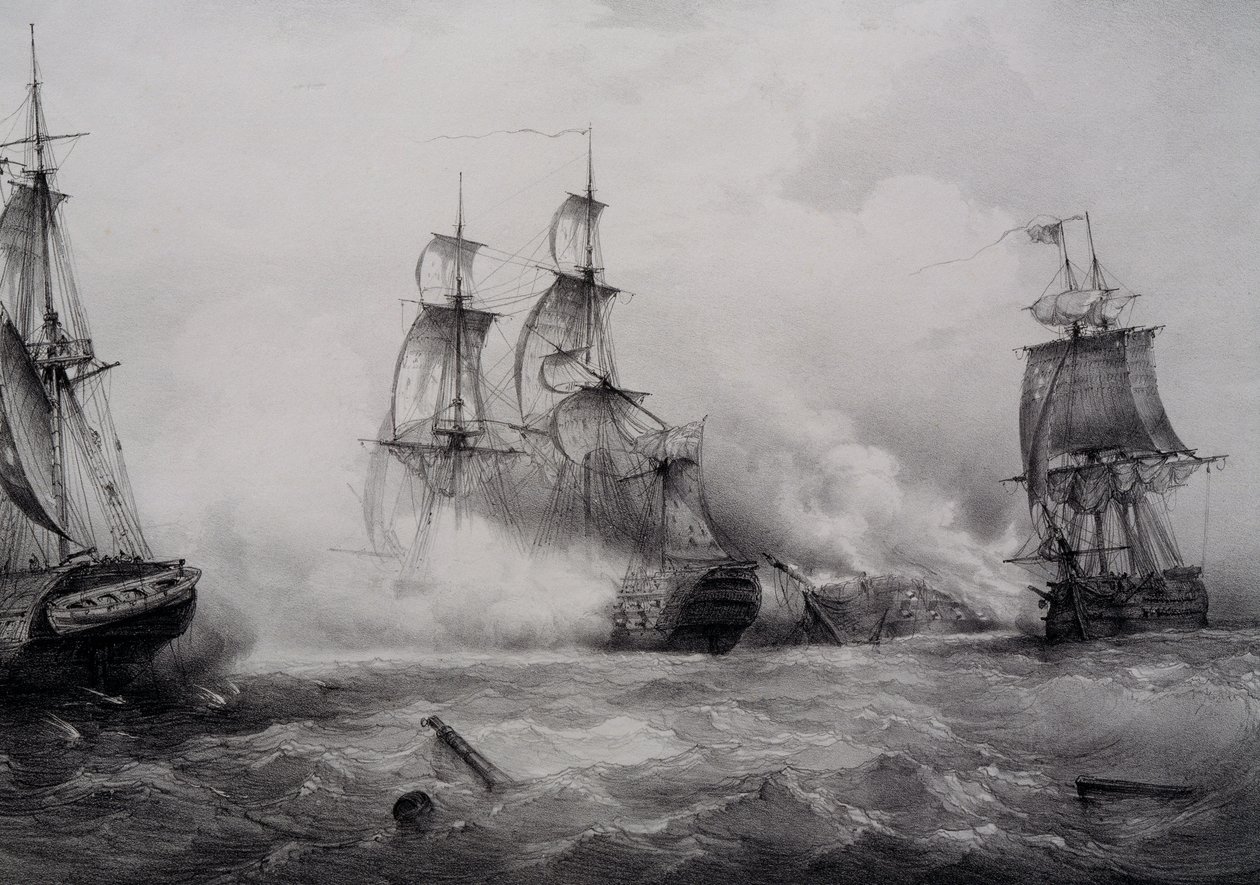 Strid mellan brittiska och amerikanska tredje klassens segelfartyg med 74 kanoner, litografi av Ferdinand Perrot av Ferdinand Victor Perrot