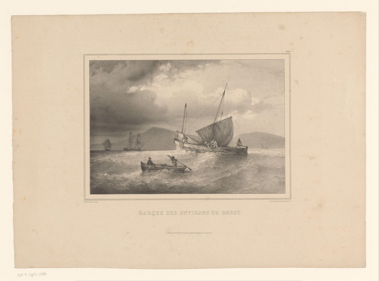 Strandad brigg mellan de höga vågorna Brick a la cote (titel på objekt) Naval Studies av Ferdinand Victor Perrot (serietitel) av Ferdinand Victor Perrot