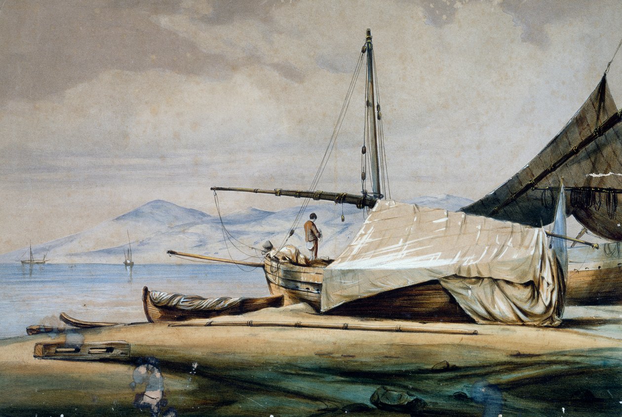 Leudi, ligurisk fiskebåt, färglitografi av Ferdinand Perrot av Ferdinand Victor Perrot