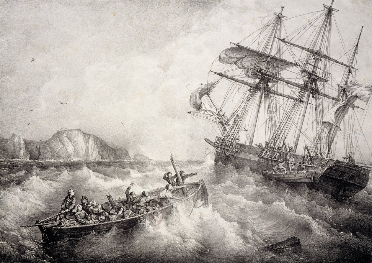 Räddning av besättningen på bretonsk fiskebåt av svenska fartyget Le Neptune, Litografi av Ferdinand Perrot av Ferdinand Victor Perrot