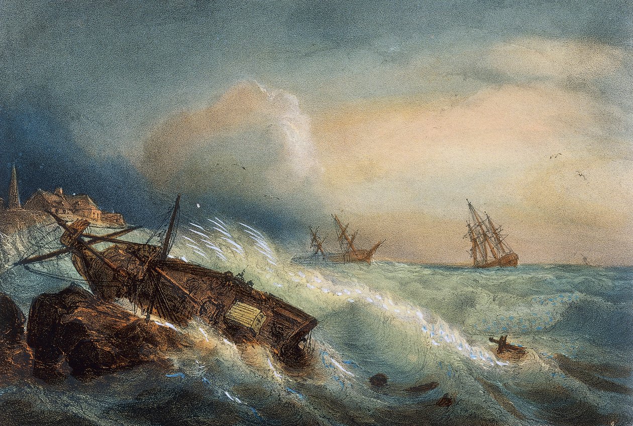 Skeppsbrott vid Saint Nazaires kust, färglitografi av Ferdinand Perrot, Frankrike av Ferdinand Victor Perrot