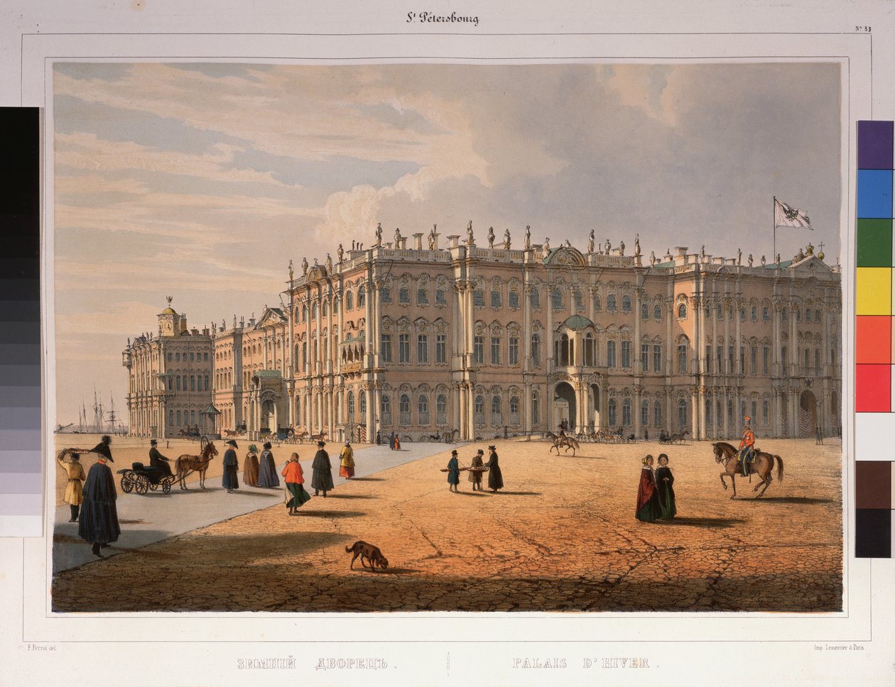Utsikt över vinterpalatset i Sankt Petersburg. Verk av Ferdinand Victor Perrot (1808-1841), litografi och akvarell på papper av Ferdinand Victor Perrot