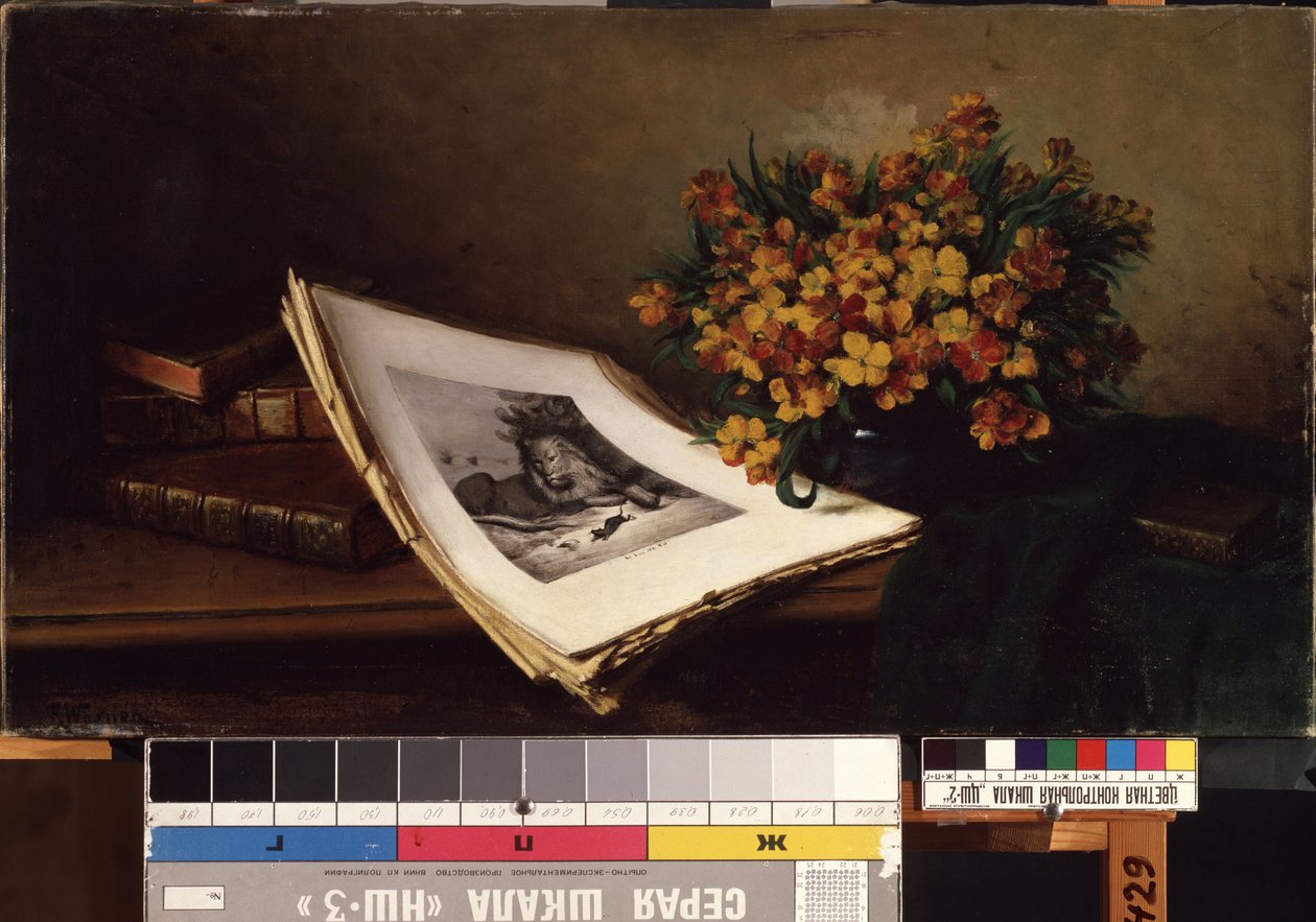 Stilleben med litografi. Målning av Ferdinand Wagner (1819-1881). Olja på duk, 48×86,5 cm. Tysk konst från 1800-talet. Statens M.K. Ciurlionis konstmuseum, Kaunas (Litauen). av Ferdinand Wagner