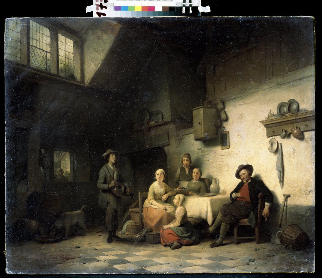 ""Le concert prive"" (Huskonsert) En familj som samlats i en blygsam interiör i Belgien lyssnar på en musiker som spelar på hjulet. Målning av Ferdinand de Braekeleer den äldre (1792-1883) 1800-talets Mikhail Kroshitsky Art Museum, Sevastopol (Se av Ferdinand de Braekeleer
