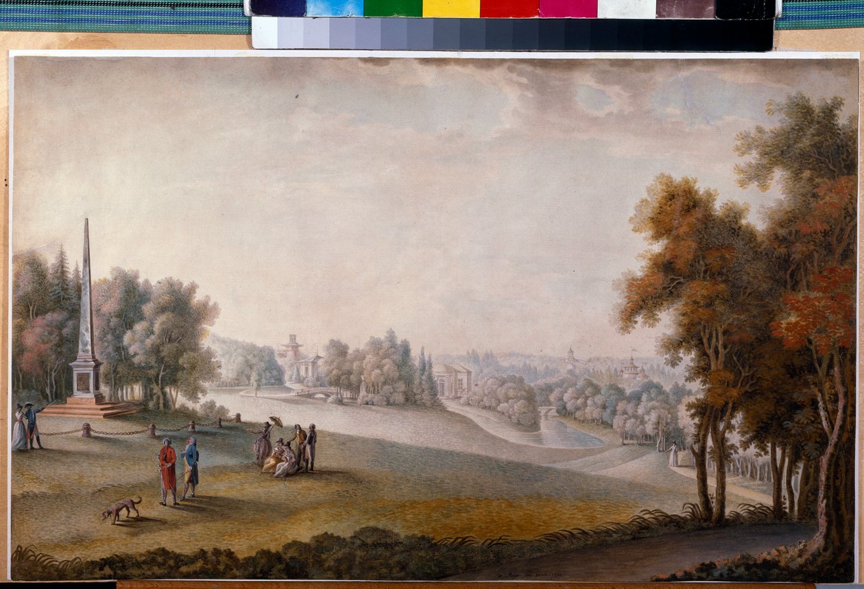 ""Utsikt över parken i Tsarskoye Selo"" av Ferdinand de Meys (?-ca 1810), Akvarell, Gouache på papper av Ferdinand de Meys