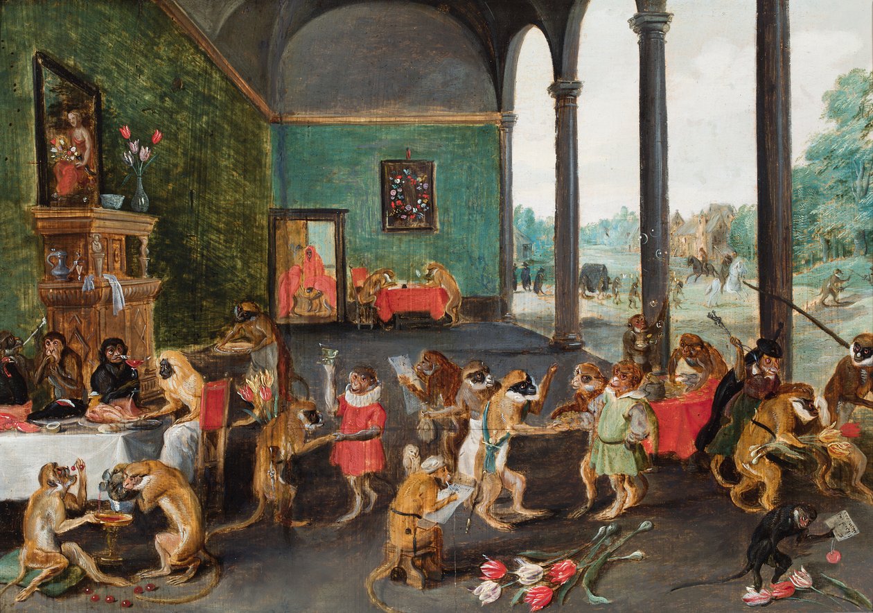 En apas festmåltid (olja på pannå) av Ferdinand van Kessel