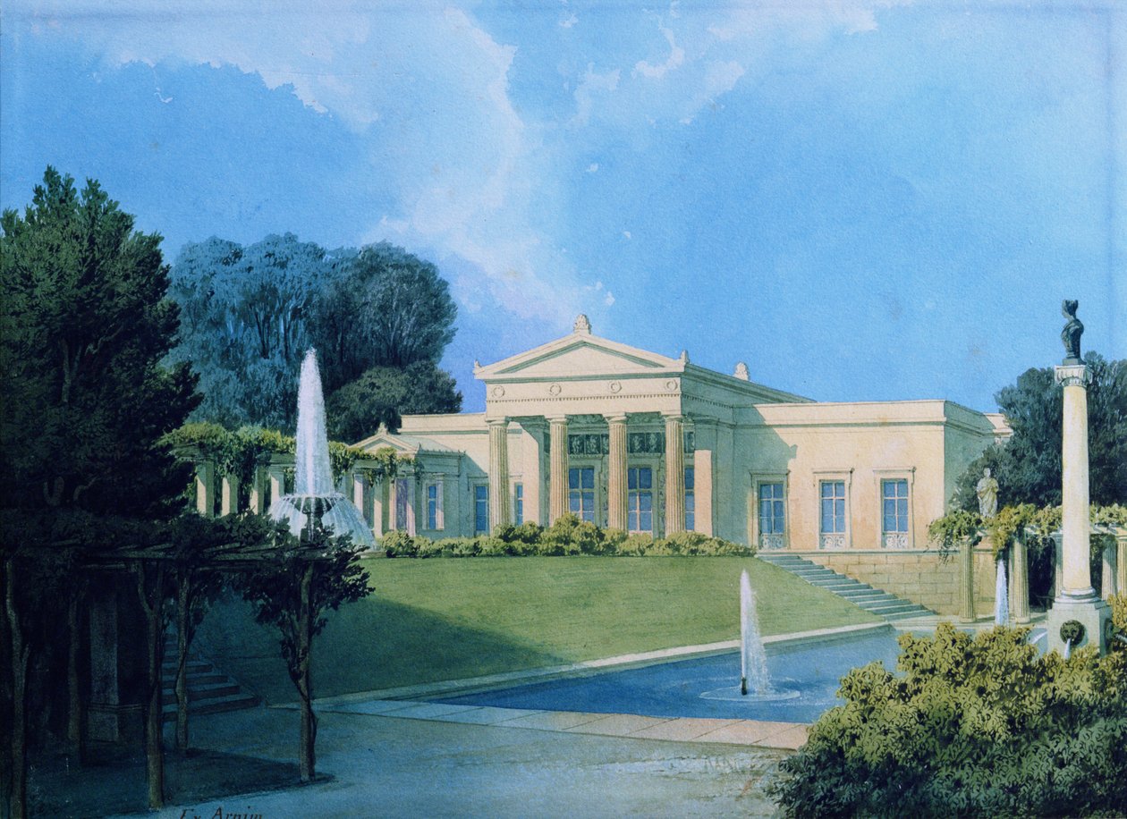 Utsikt över Charlottenhof från trädgården, 1855 (penna & bläck och wc på papper) av Ferdinand von Arnim