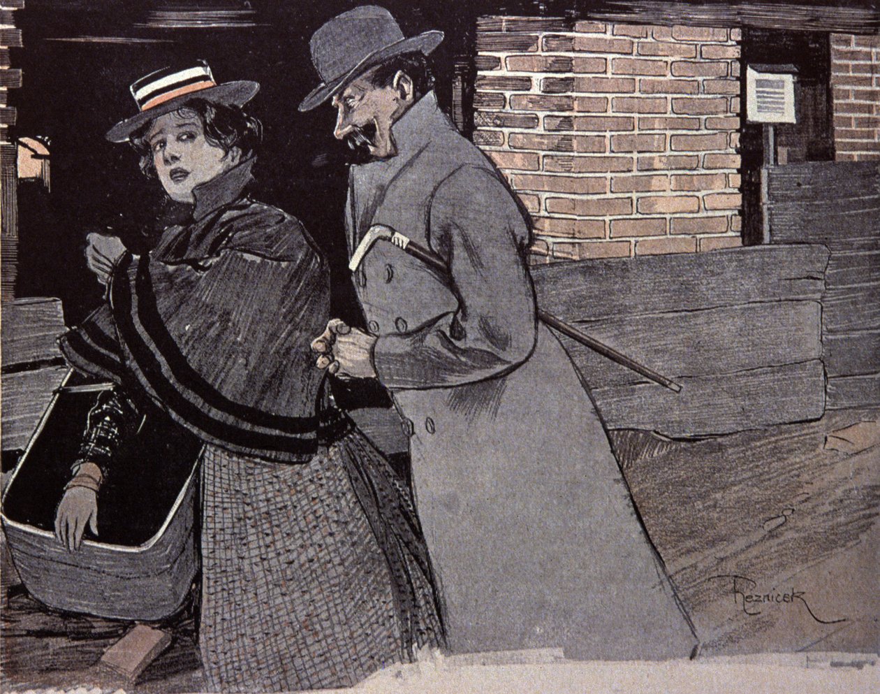Man trakasserar en ung kvinna. Illustration av F. Von Reznicek i: Simplicissimus, Tyskland av Ferdinand von Reznicek