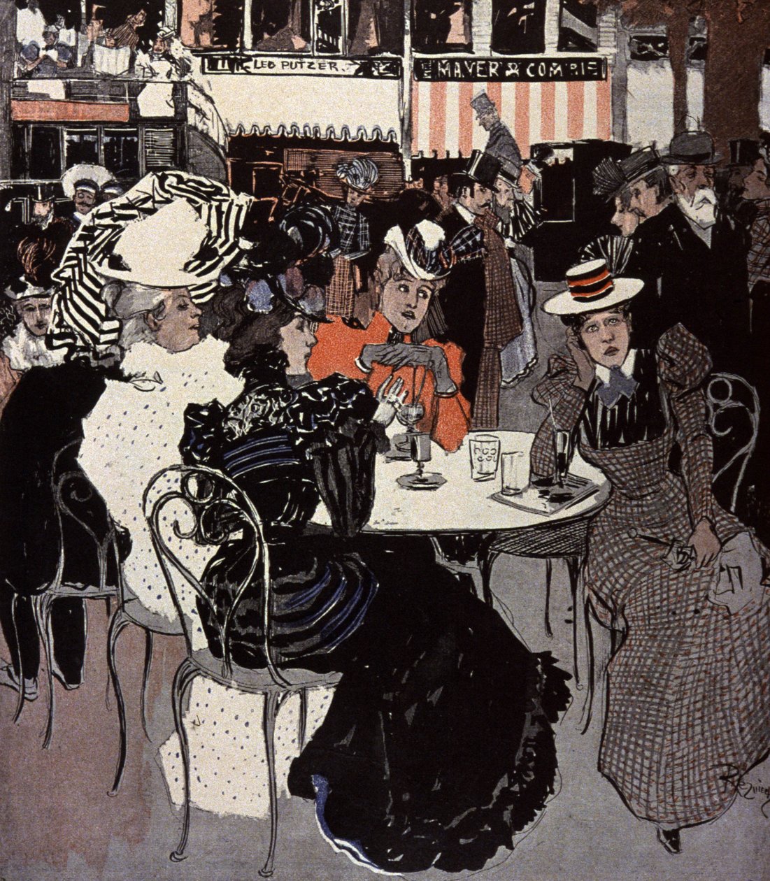 Kvinna pratar vid ett bord utanför ett kafé. Illustration av Von Reznicek i: Simplicissimus, Tyskland av Ferdinand von Reznicek