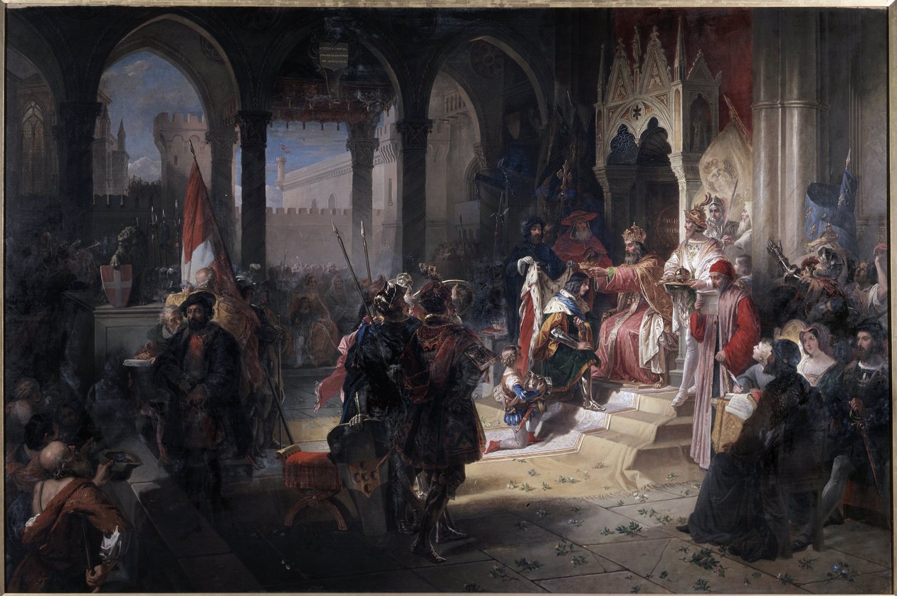 Amedee VIII Stilla havet (Amedeo VIII il pacifico) (1383-1451) kröntes hertig av Savojen av kejsar Sigismund I av det heliga riket den 19/02/1416 under hans besök i Chambery Målning av Ferdinando Cavalleri (1794-1865) Chateau ( Castello) di Aglie, Italien. av Ferdinando Cavalleri