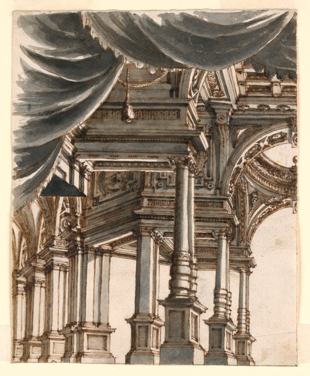 Scendesign: Palace Atrium med stöd av kolumner och pelare av Ferdinando Galli Bibiena