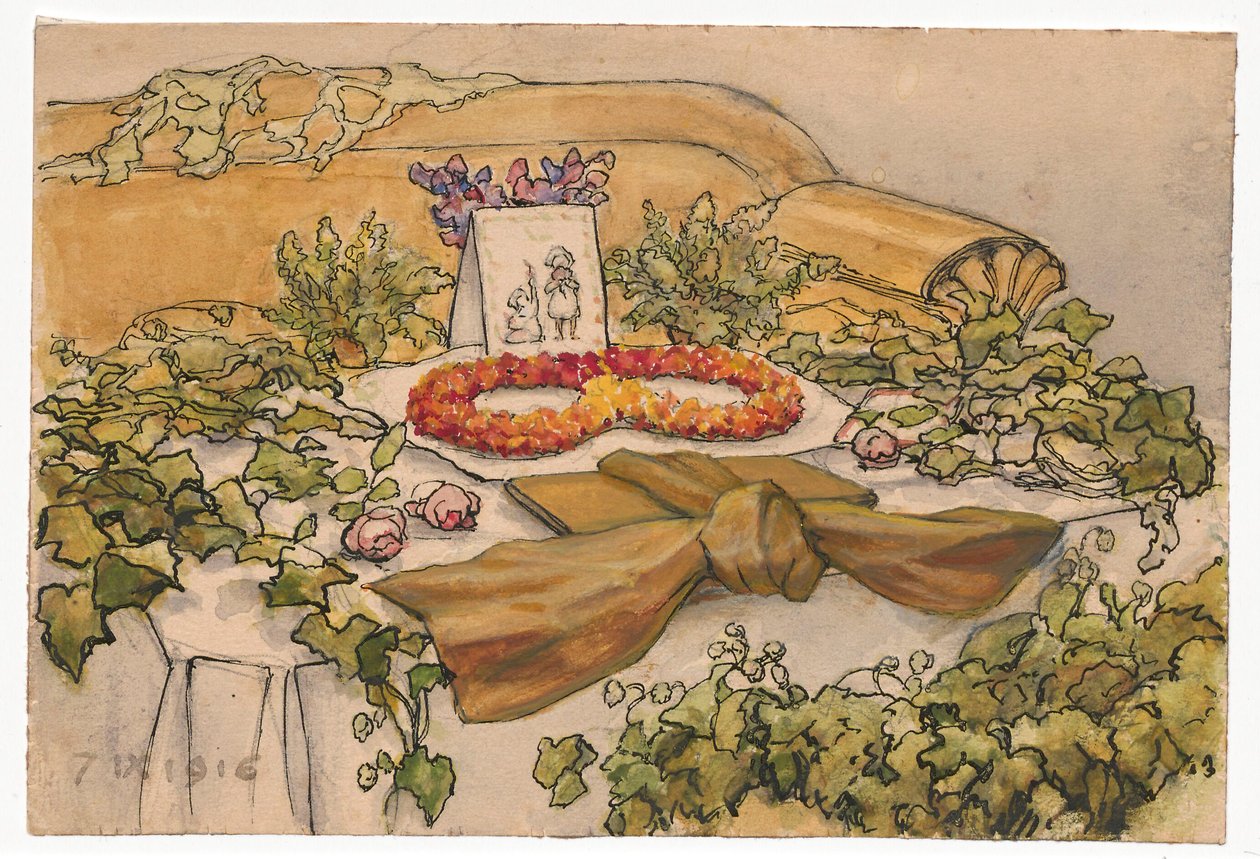 Konstnärens hustrus namnsdag, soffa och bord prydda med grönska av Ferdynand Ruszczyc