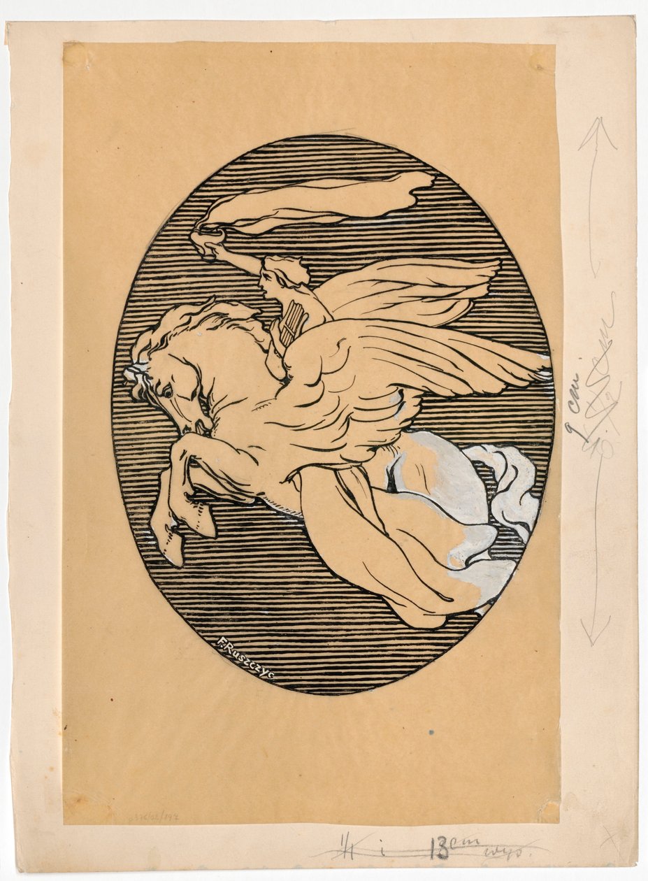 Muse auf Pegasus, Emblem des Theaters "Lutnia" in Wilna av Ferdynand Ruszczyc