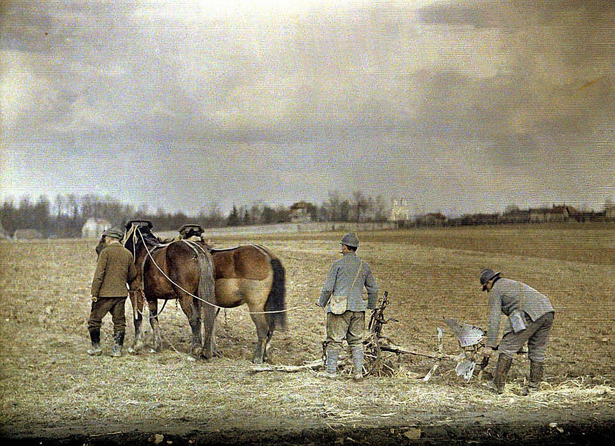 En bonde och två franska soldater som plöjer med två hästar, Marne, Frankrike, 1917 (autokrom) av Fernand Cuville