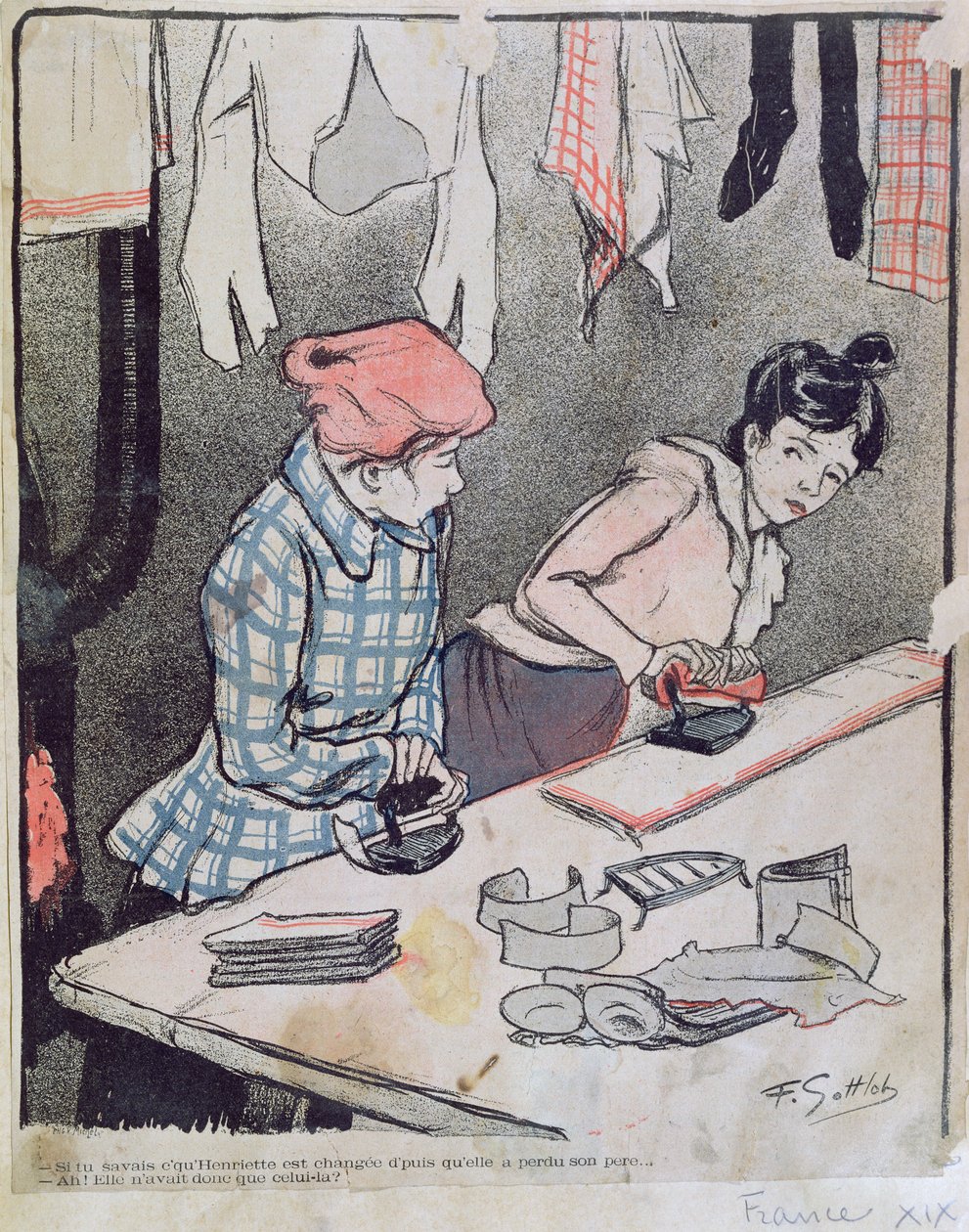 Karikatyr föreställande två tvättkvinnor som skvallrar, sent 1800-tal av Fernand Louis Gottlob