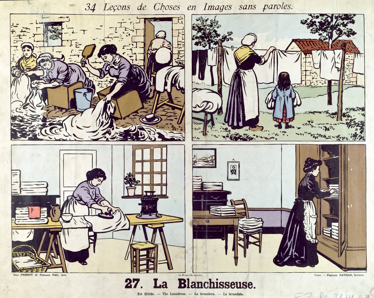 Tvättkvinnan, från 34 lektioner i bilder utan ord, tidigt 1900-tal av Fernand and Perrot, Jean Fau