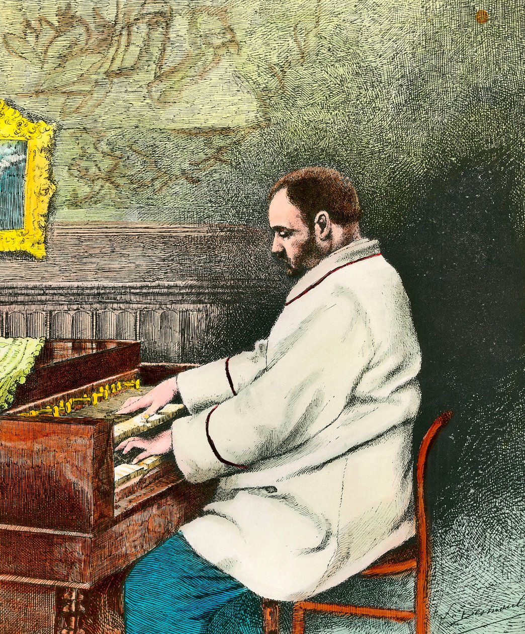 Porträtt av Emile Zola (1840-1902) som spelar orgel. Gravyr av Desmoulin (1800-talet). Coll. Gå ut. av Fernand Desmoulin