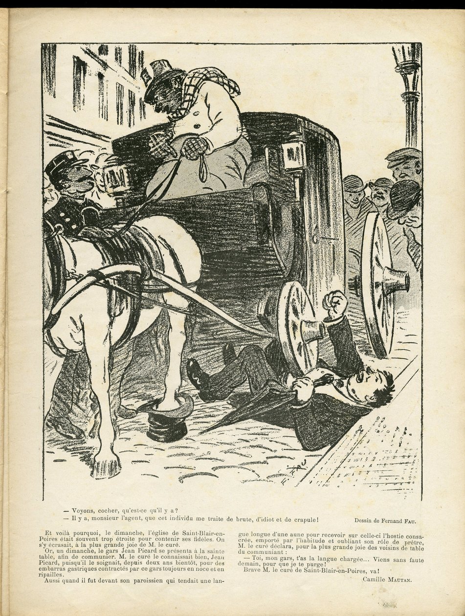 Illustration av Fernand Fau (1858-1919) i Le Rire, 29/02/08 - Metiers, Transport, Katastrofolyckor, Caleche Fiacre Cab - Cochers Fiacres av Fernand Fau