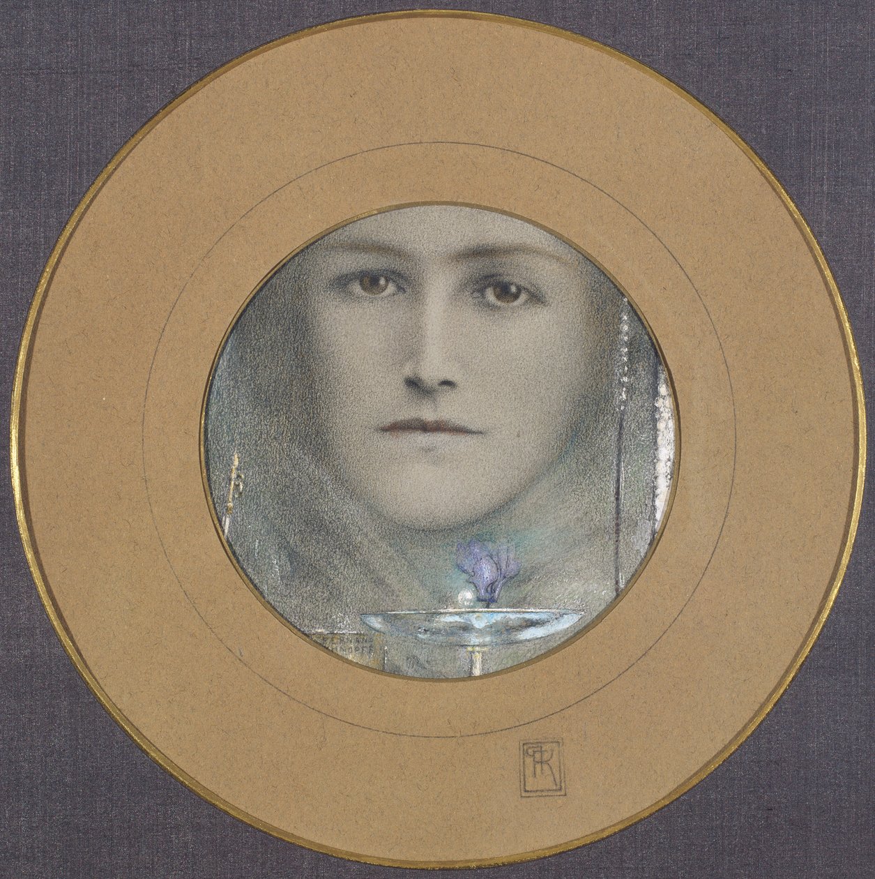 Bruna ögon och en blå blomma av Fernand Khnopff