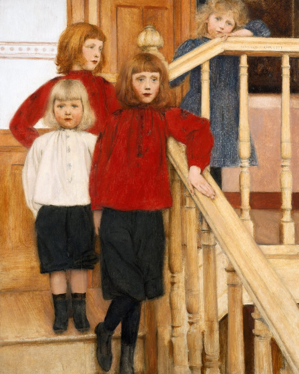 ""Herr Neves barn"" Fyra barn på en trappa Målning av Fernand Khnopff (1858-1921) 1893 Privat samling av Fernand Khnopff